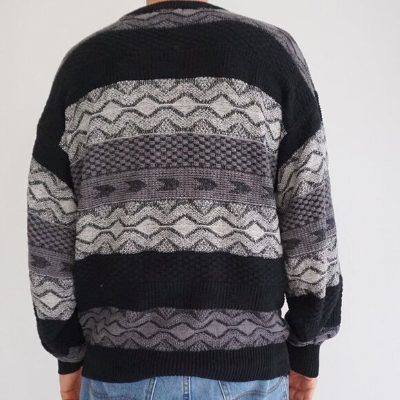 Vintage '80S Adolfo Black Gray 3D Biggie Cosby 100% Cotton Crew Neck Sweater L - Picture 2 of 9